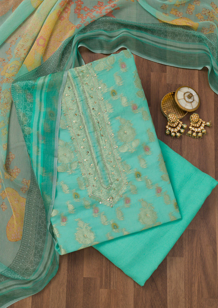 Sea Green Cutdana Semi Crepe Unstitched Salwar Suit