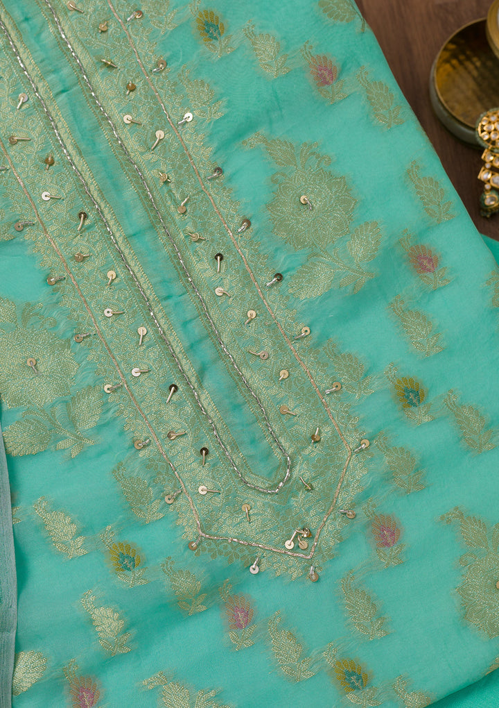 Sea Green Cutdana Semi Crepe Unstitched Salwar Suit