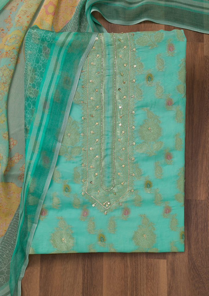 Sea Green Cutdana Semi Crepe Unstitched Salwar Suit