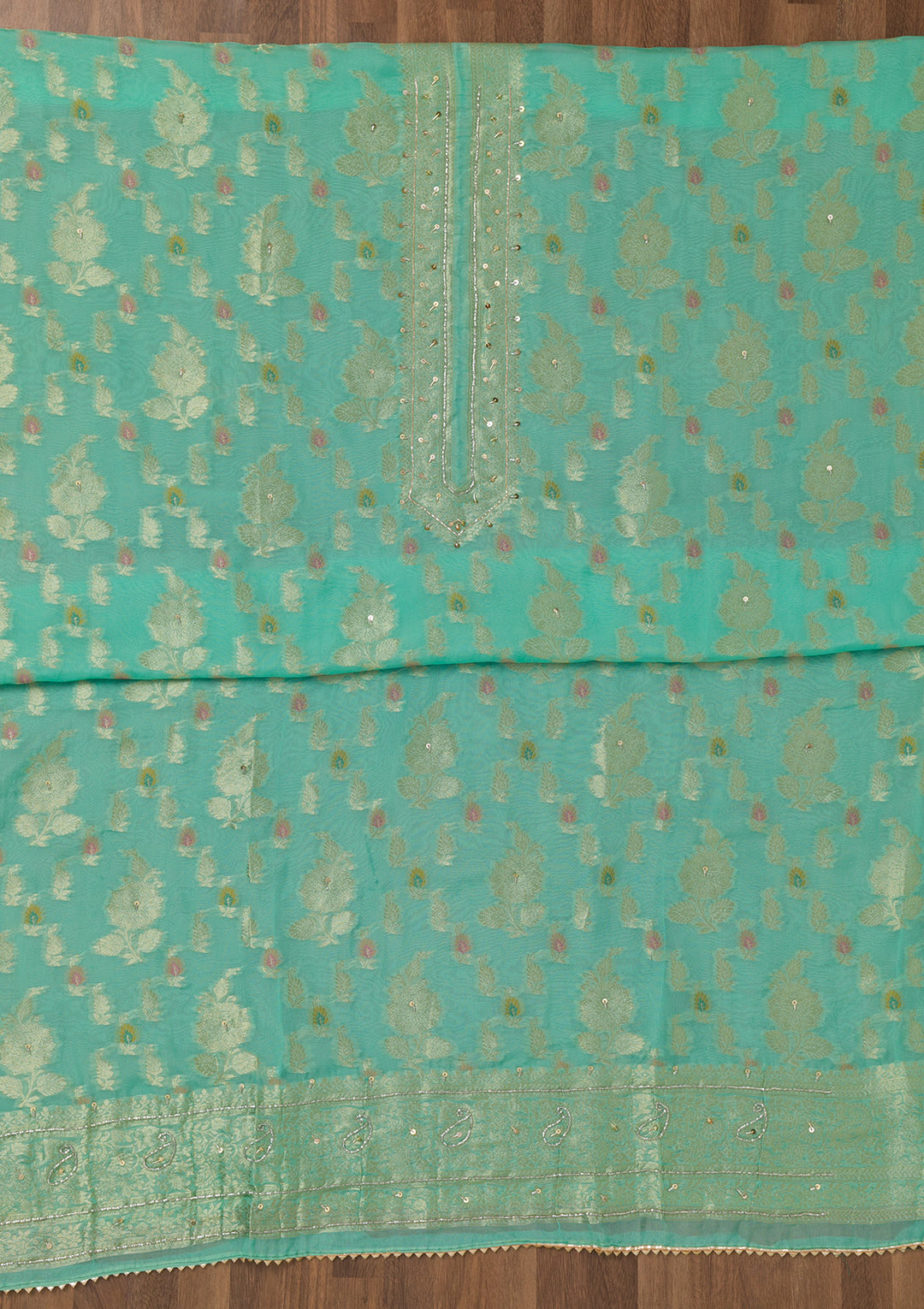 Sea Green Cutdana Semi Crepe Unstitched Salwar Suit