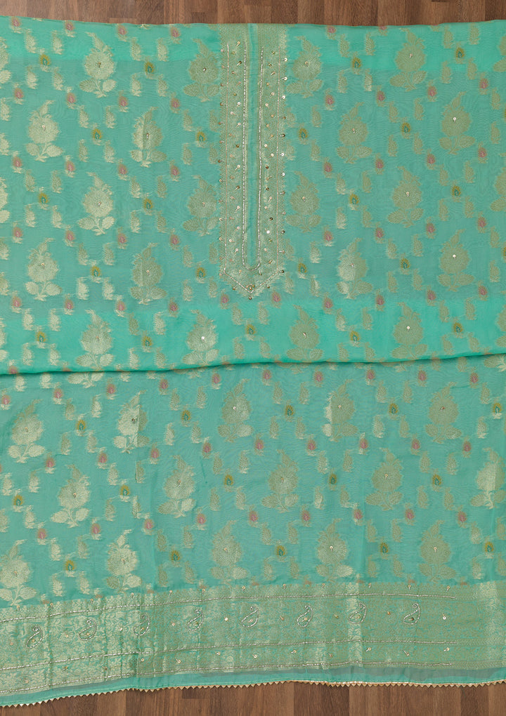 Sea Green Cutdana Semi Crepe Unstitched Salwar Suit
