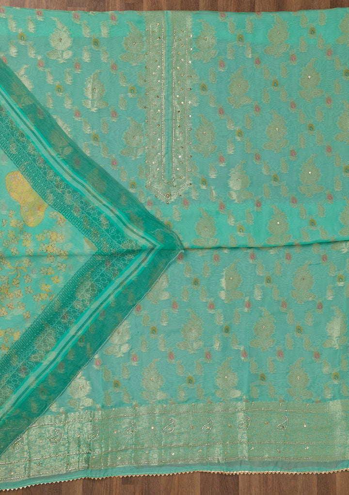 Sea Green Cutdana Semi Crepe Unstitched Salwar Suit