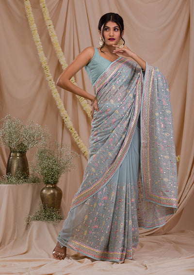 Sea Green Gotapatti Geogette Saree-Koskii