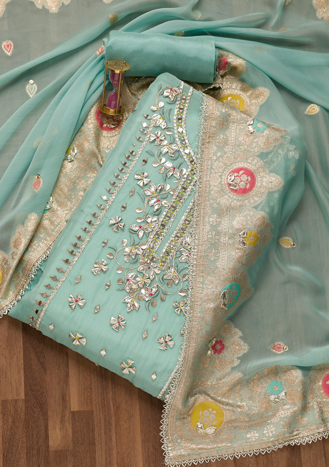 Sea Green Gotapatti Georgette Unstitched Salwar Suit-Koskii