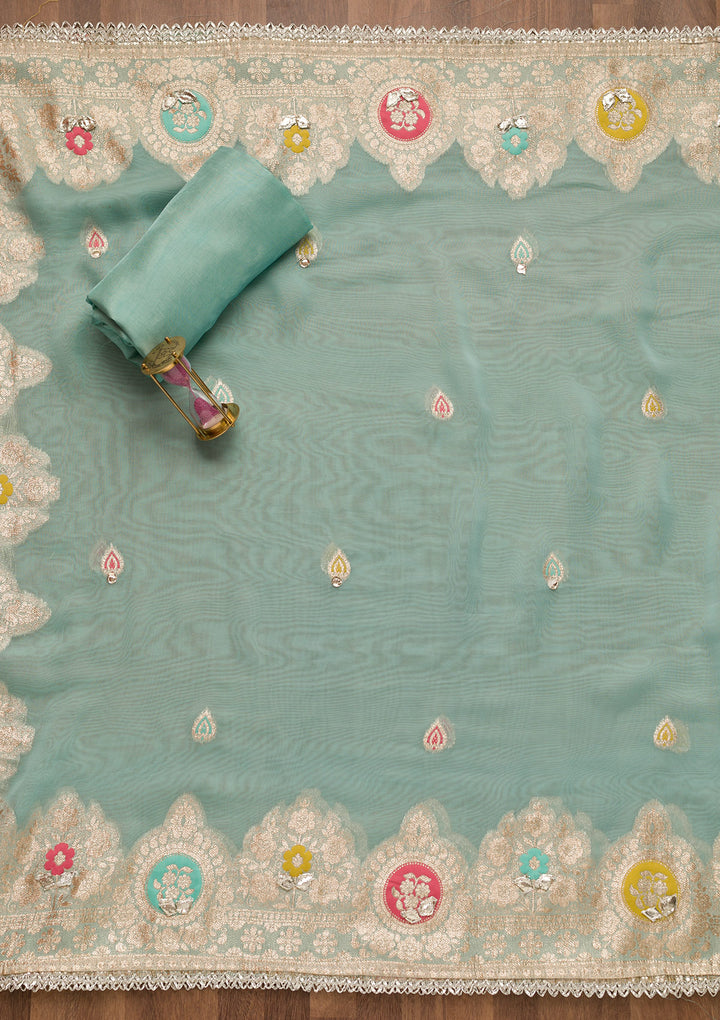 Sky Blue Gotapatti Organza Unstitched Salwar Suit