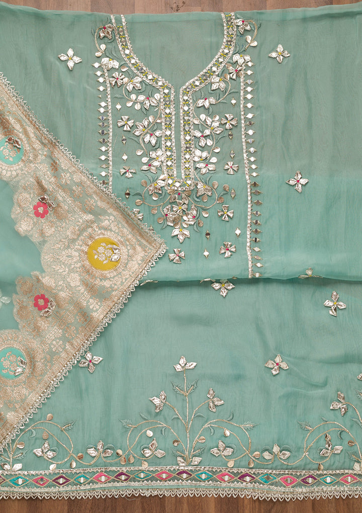 Sky Blue Gotapatti Organza Unstitched Salwar Suit