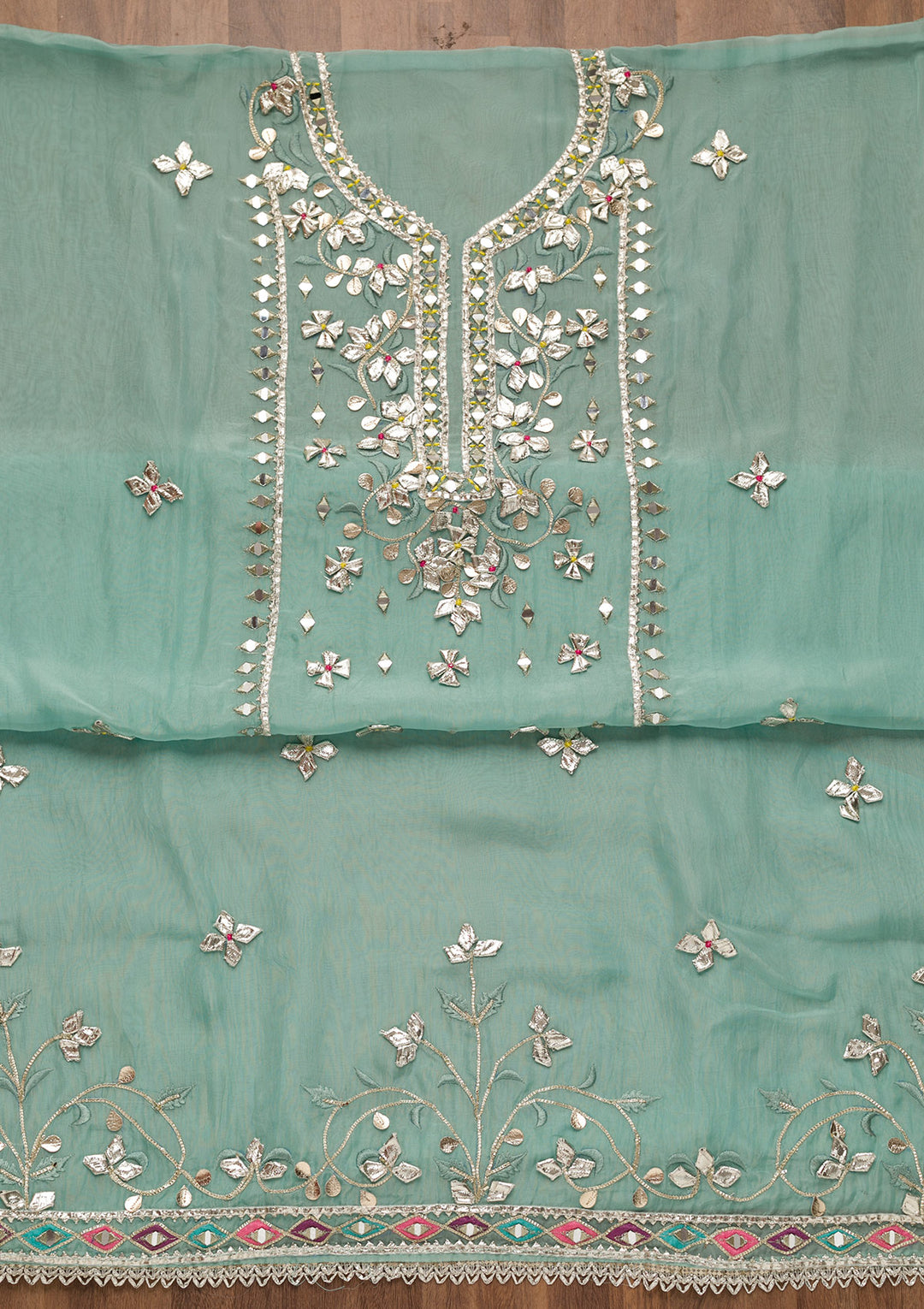 Sky Blue Gotapatti Organza Unstitched Salwar Suit