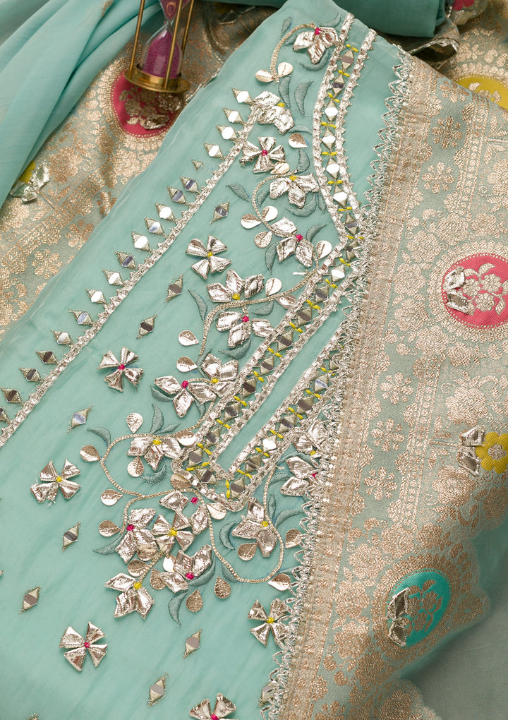 Sky Blue Gotapatti Organza Unstitched Salwar Suit