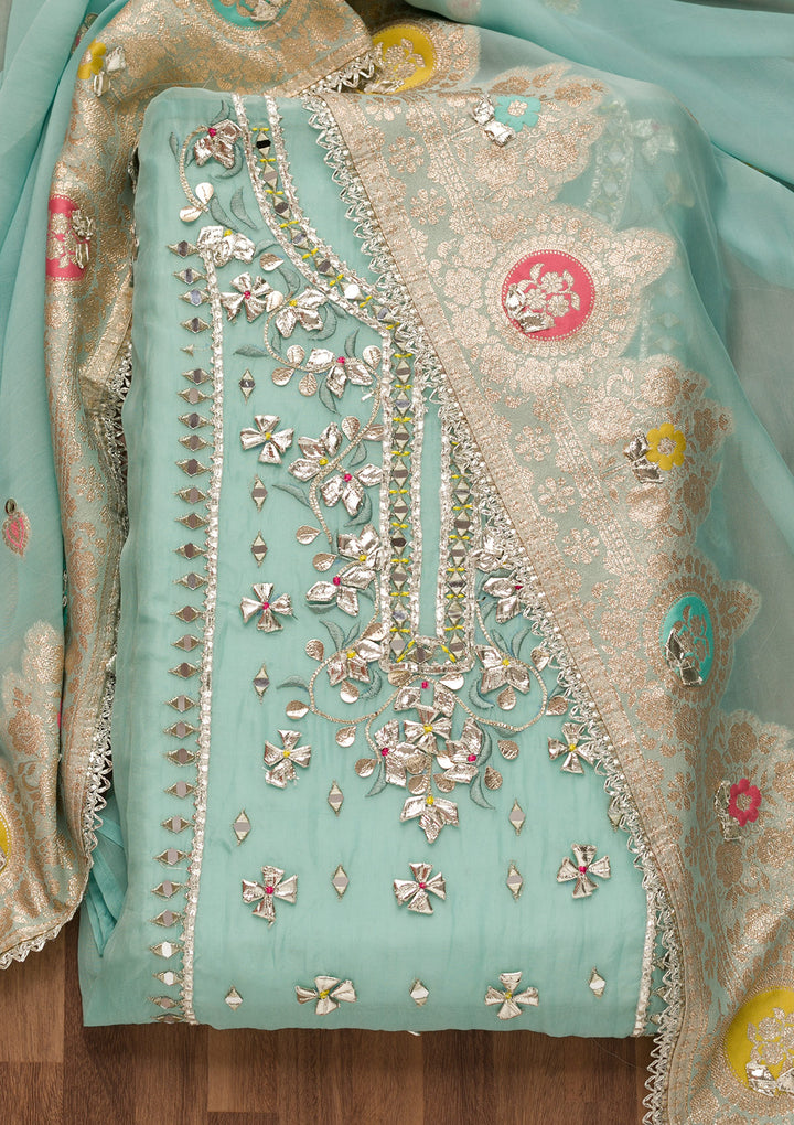Sky Blue Gotapatti Organza Unstitched Salwar Suit