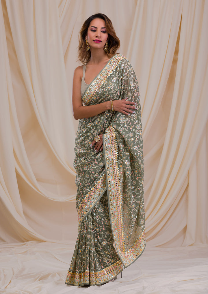 Sea Green Gotapatti Georgette Saree-Koskii