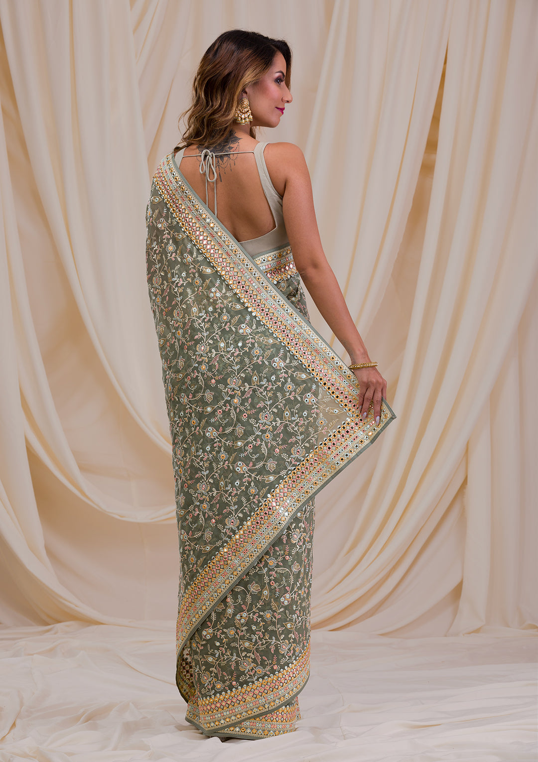 Sea Green Gotapatti Georgette Saree