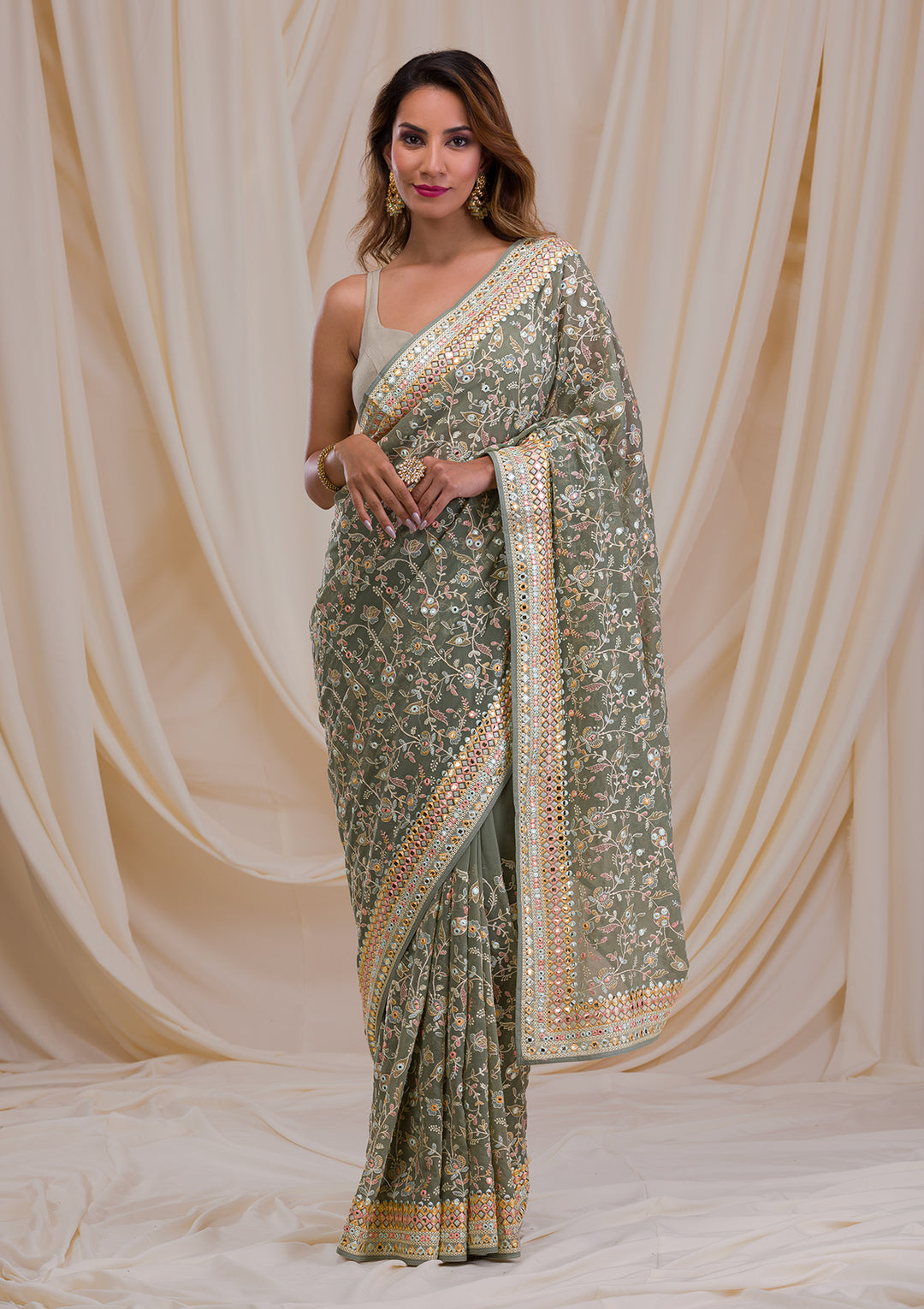Sea Green Gotapatti Georgette Saree