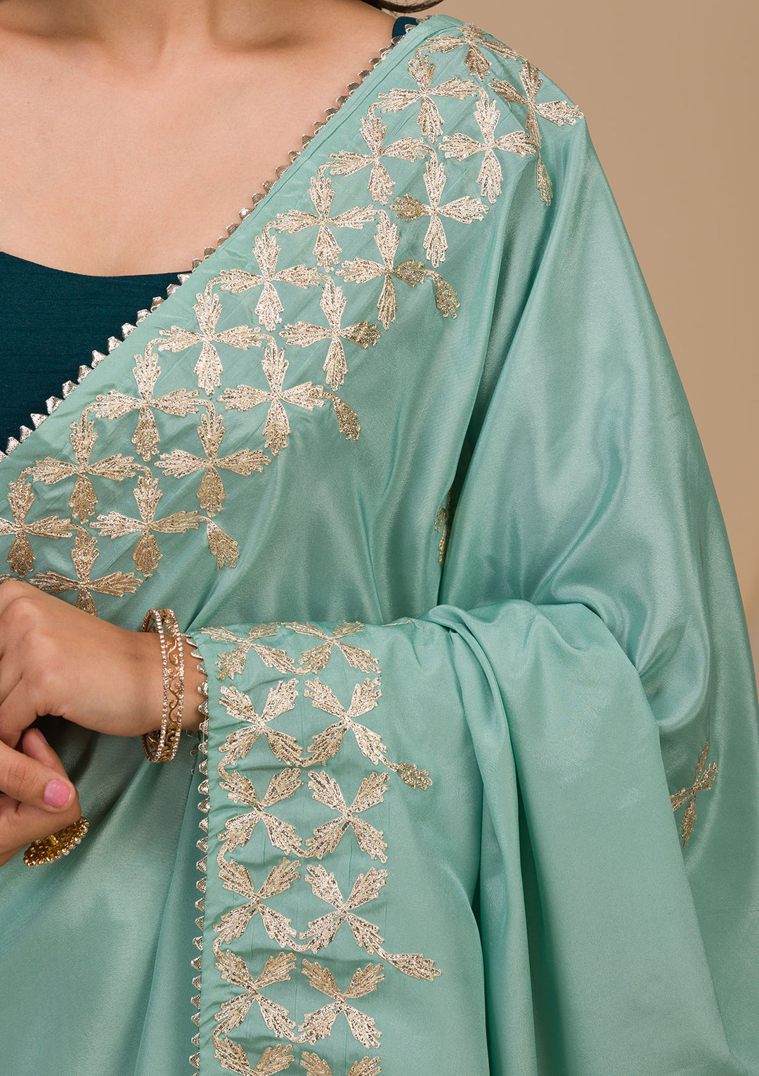 Sea Green Gotapatti Semi Crepe Saree