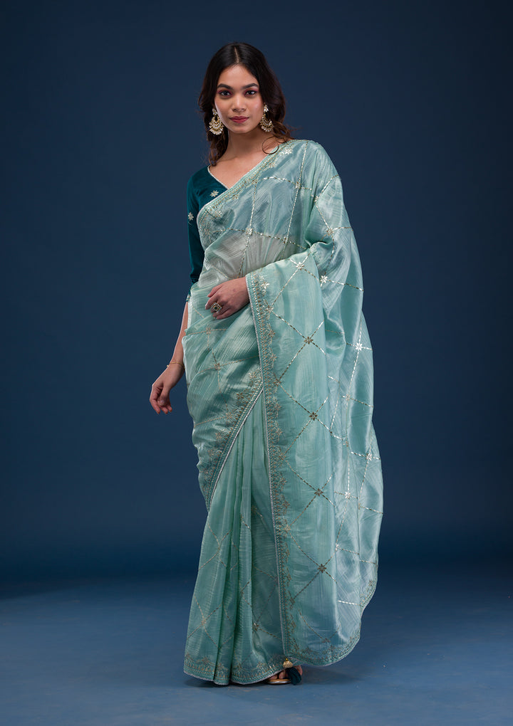Sea Green Gotapatti Organza Saree