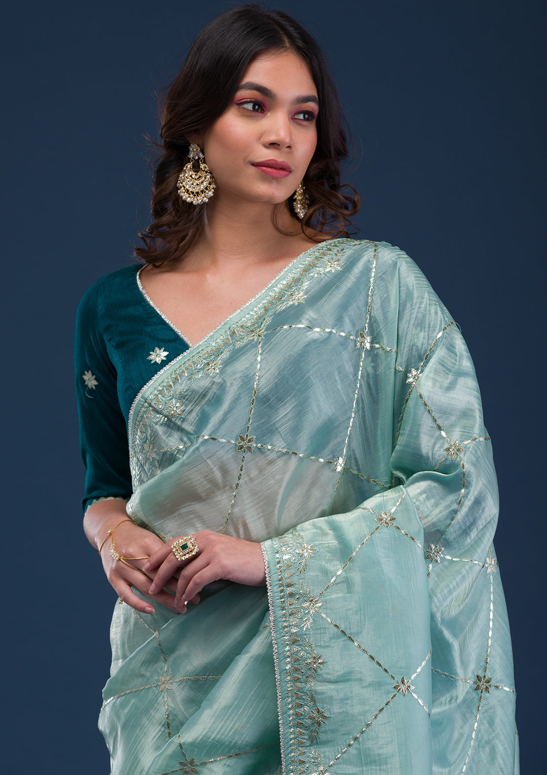 Sea Green Gotapatti Organza Saree
