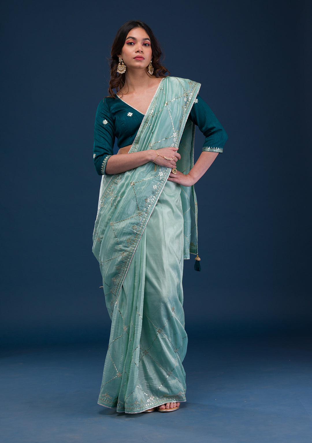 Sea Green Gotapatti Organza Saree