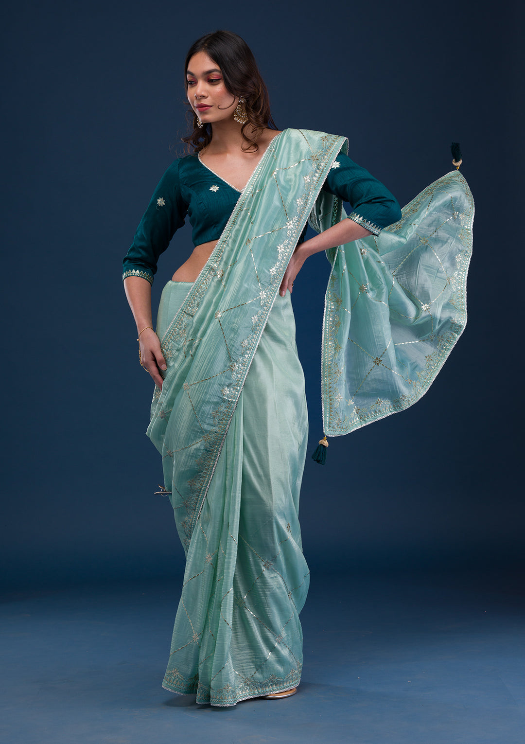 Sea Green Gotapatti Organza Saree