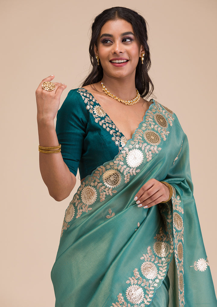 Sea Green Gotapatti Tissue Saree