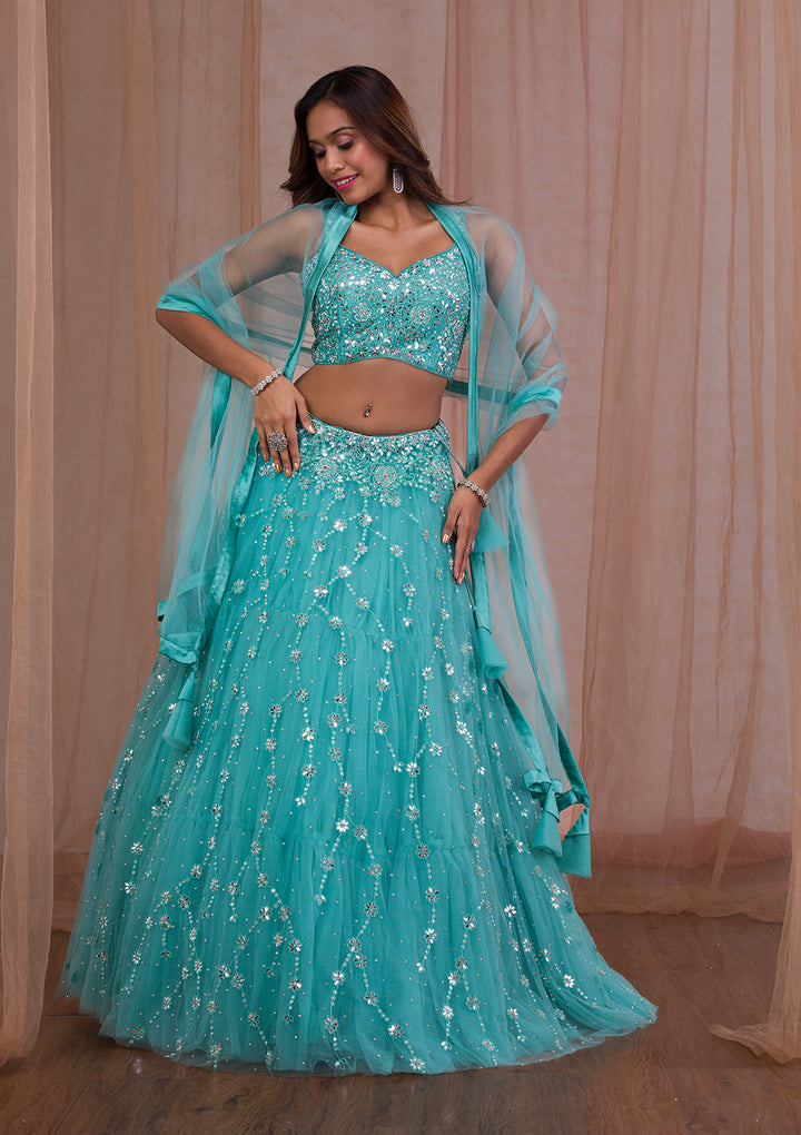 Sea Green Mirrorwork Net Readymade Lehenga-Koskii