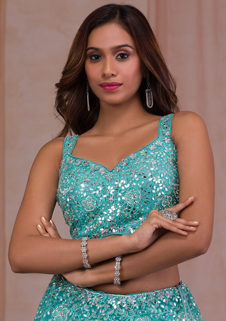 Sea Green Mirrorwork Net Readymade Lehenga