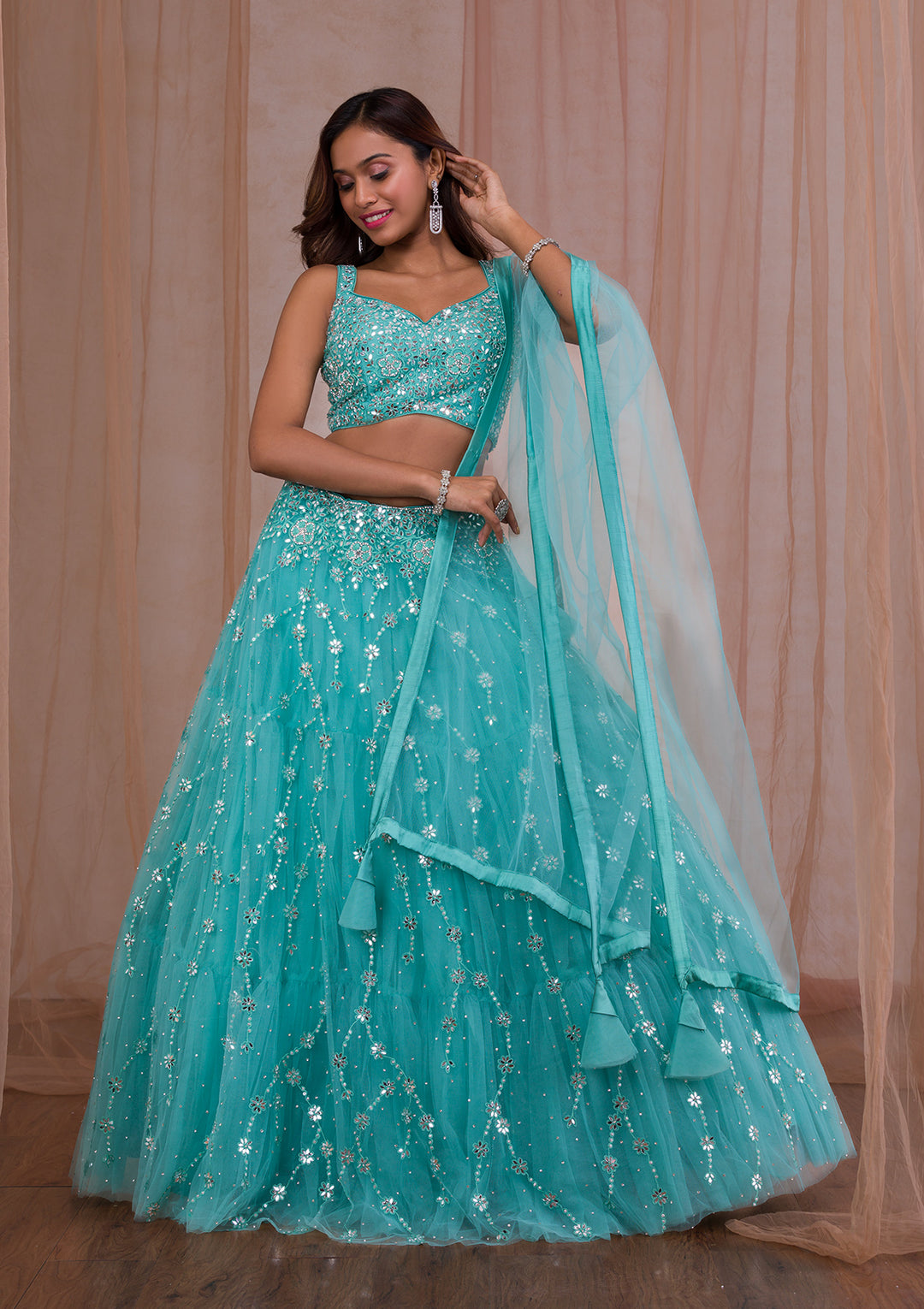 Sea Green Mirrorwork Net Readymade Lehenga