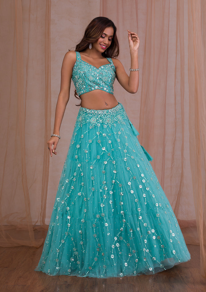 Sea Green Mirrorwork Net Readymade Lehenga
