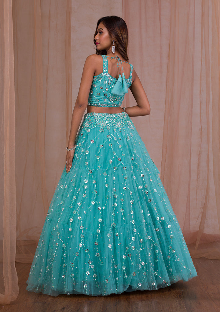 Sea Green Mirrorwork Net Readymade Lehenga