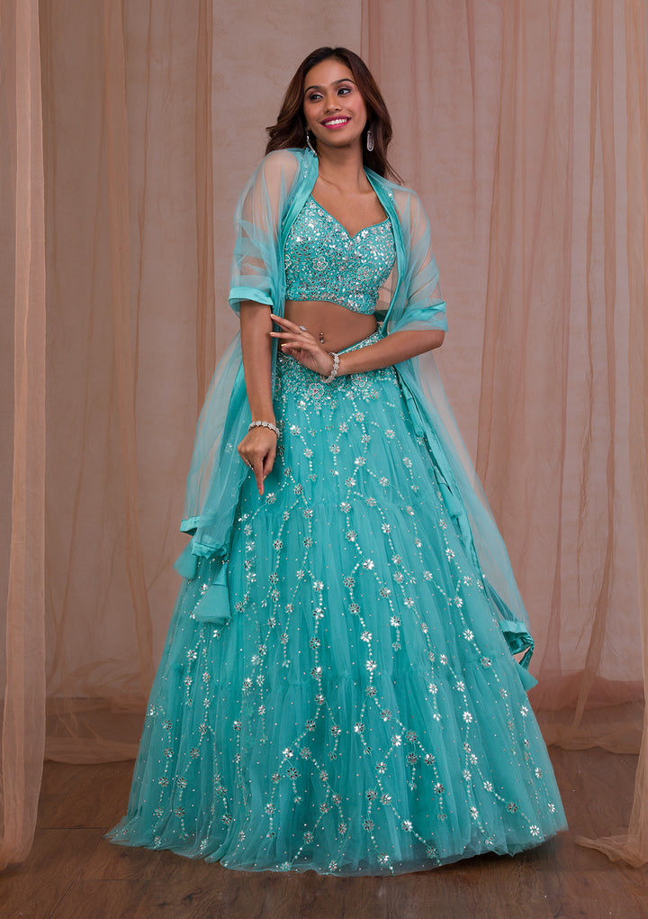 Sea Green Mirrorwork Net Readymade Lehenga