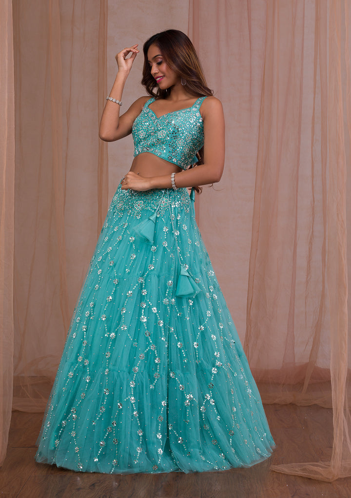Sea Green Mirrorwork Net Readymade Lehenga