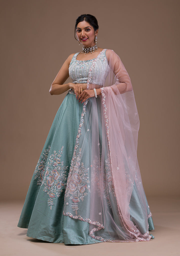 Sea Green Pearlwork Raw Silk Readymade Lehenga