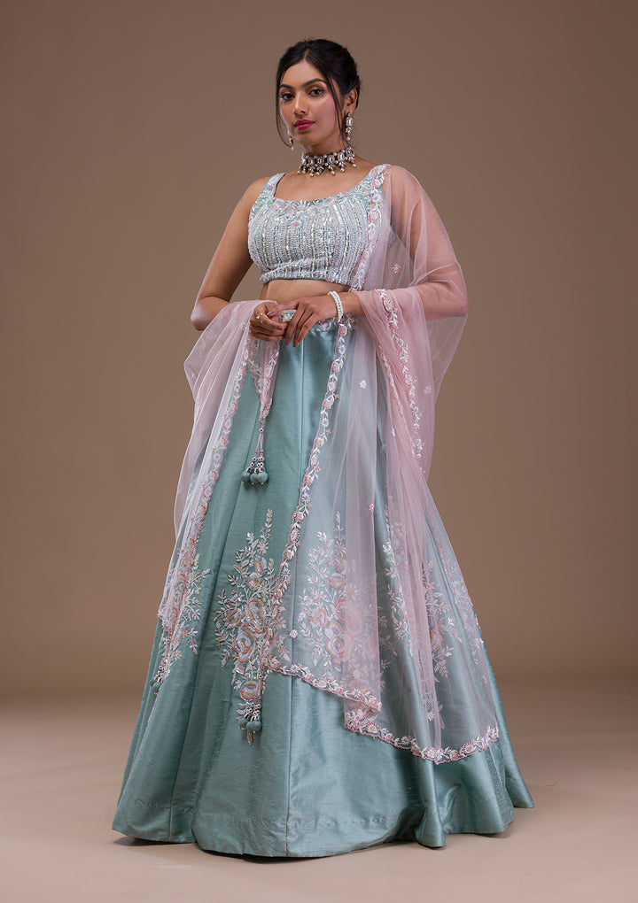 Sea Green Pearlwork Raw Silk Readymade Lehenga