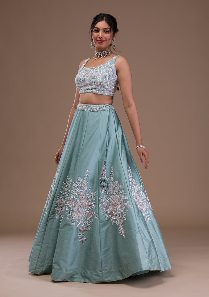 Sea Green Pearlwork Raw Silk Readymade Lehenga