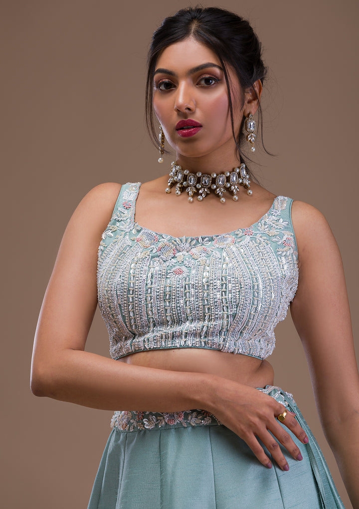 Sea Green Pearlwork Raw Silk Readymade Lehenga