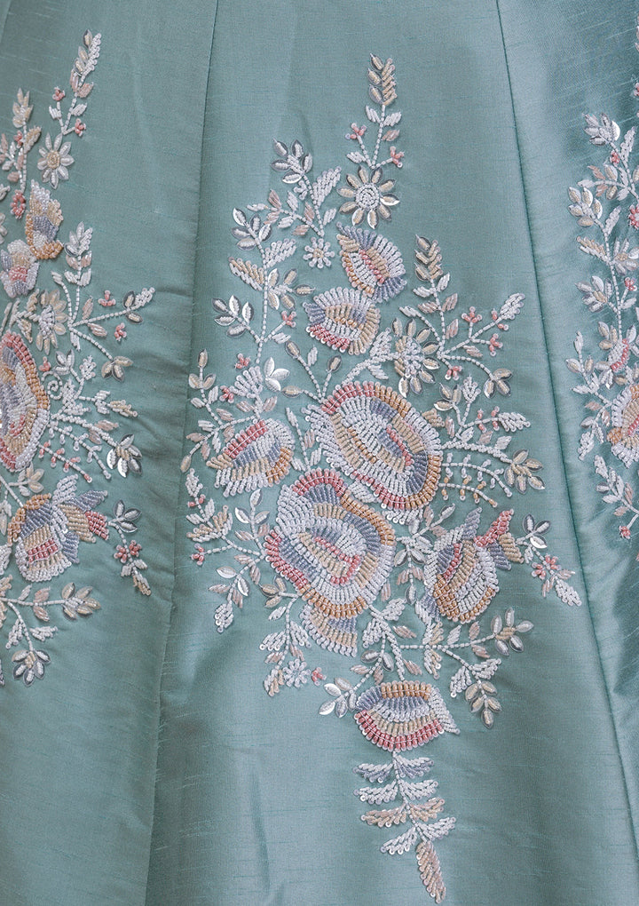Sea Green Pearlwork Raw Silk Readymade Lehenga