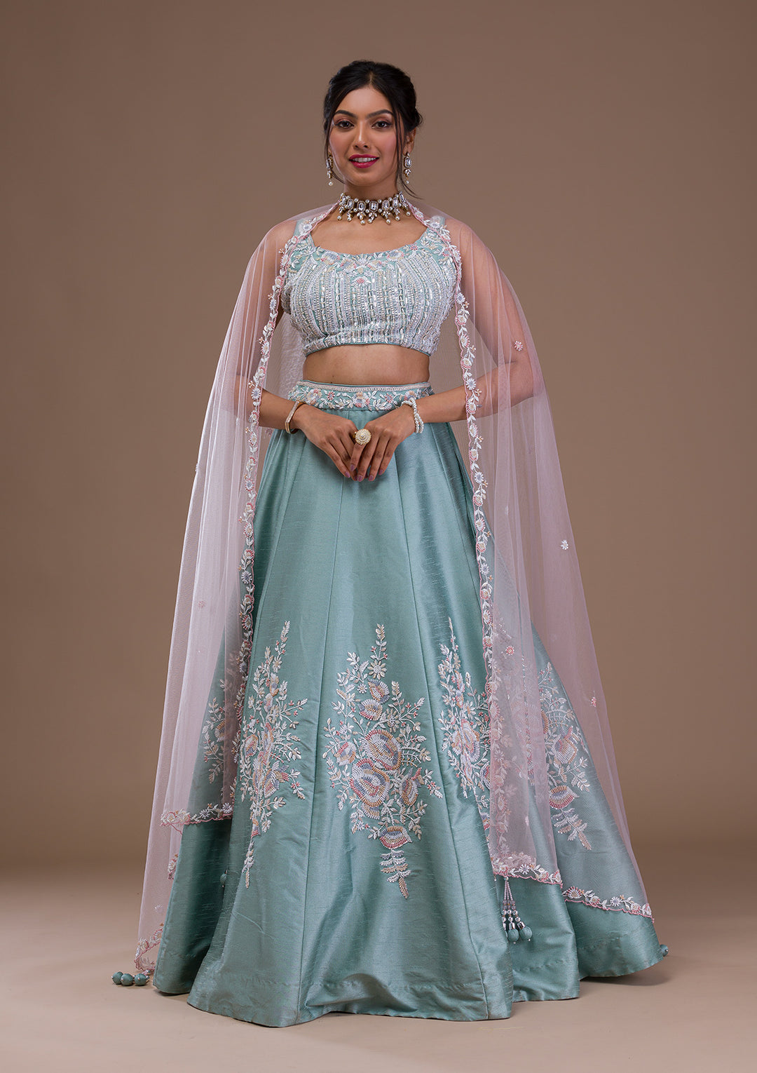 Sea Green Pearlwork Raw Silk Readymade Lehenga