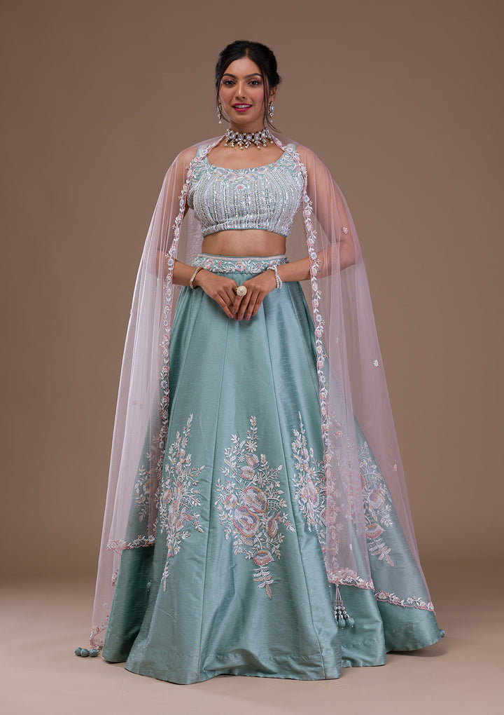 Sea Green Pearlwork Raw Silk Readymade Lehenga