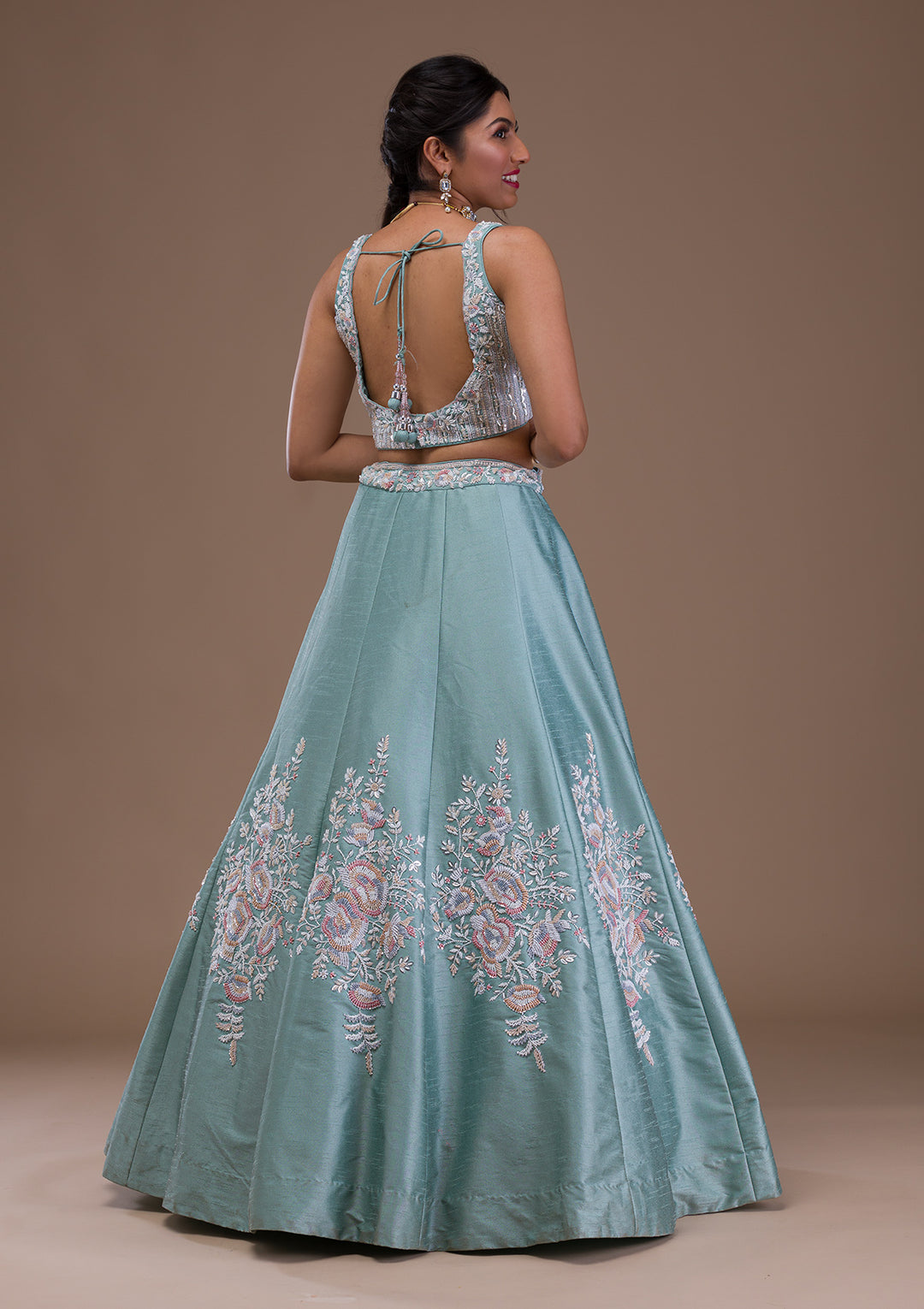 Sea Green Pearlwork Raw Silk Readymade Lehenga