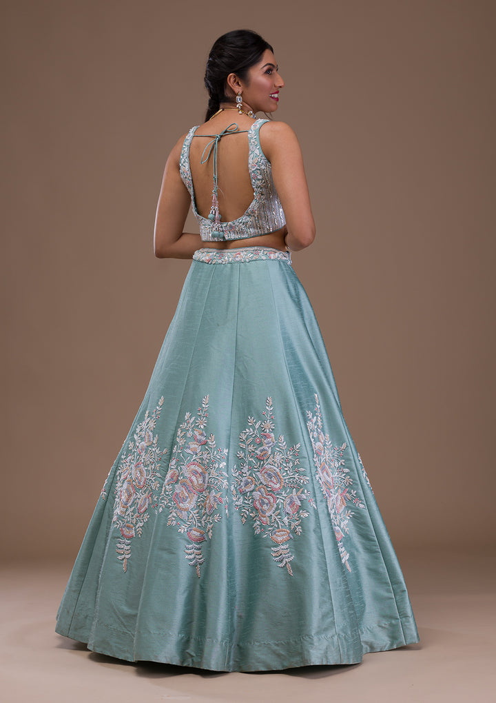 Sea Green Pearlwork Raw Silk Readymade Lehenga