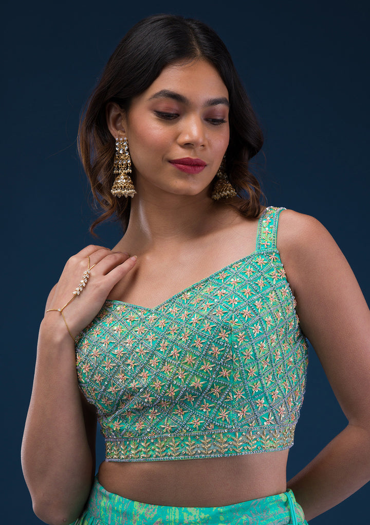 Sea Green Print Georgette Readymade Lehenga