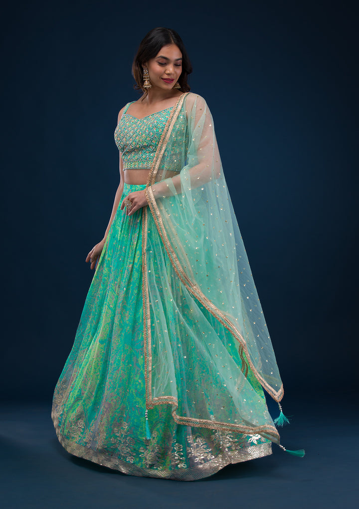 Sea Green Print Georgette Readymade Lehenga