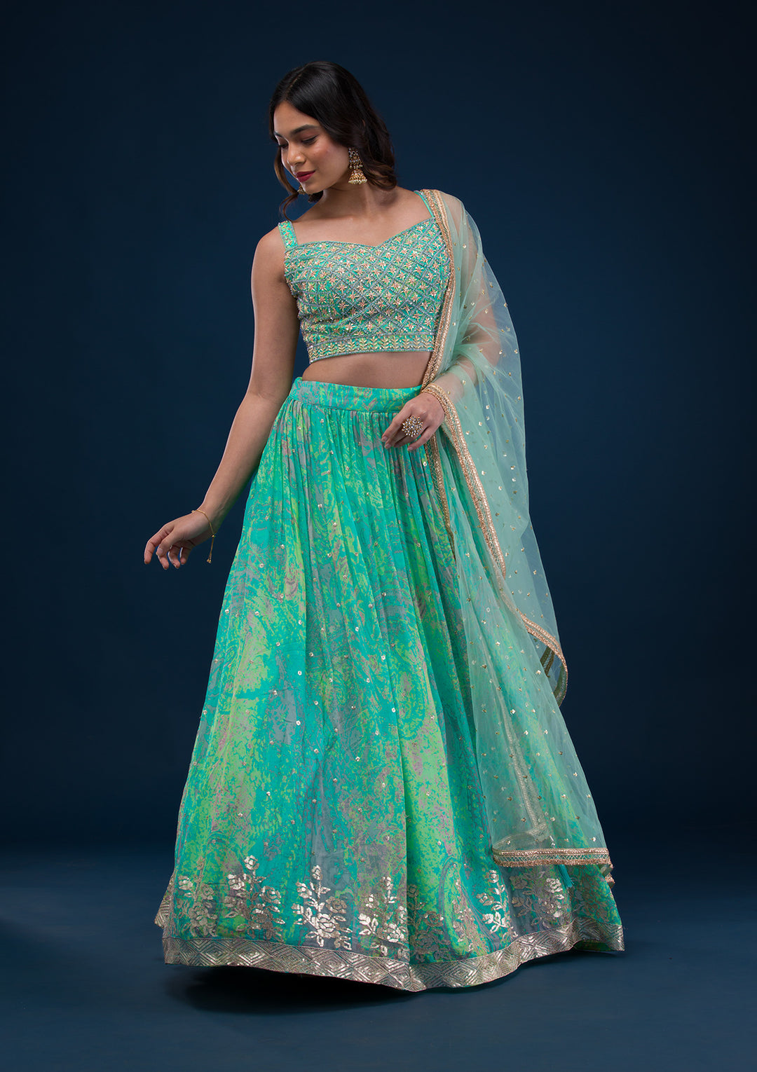 Sea Green Print Georgette Readymade Lehenga