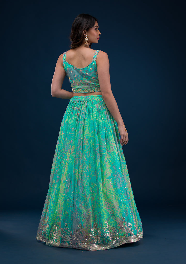 Sea Green Print Georgette Readymade Lehenga