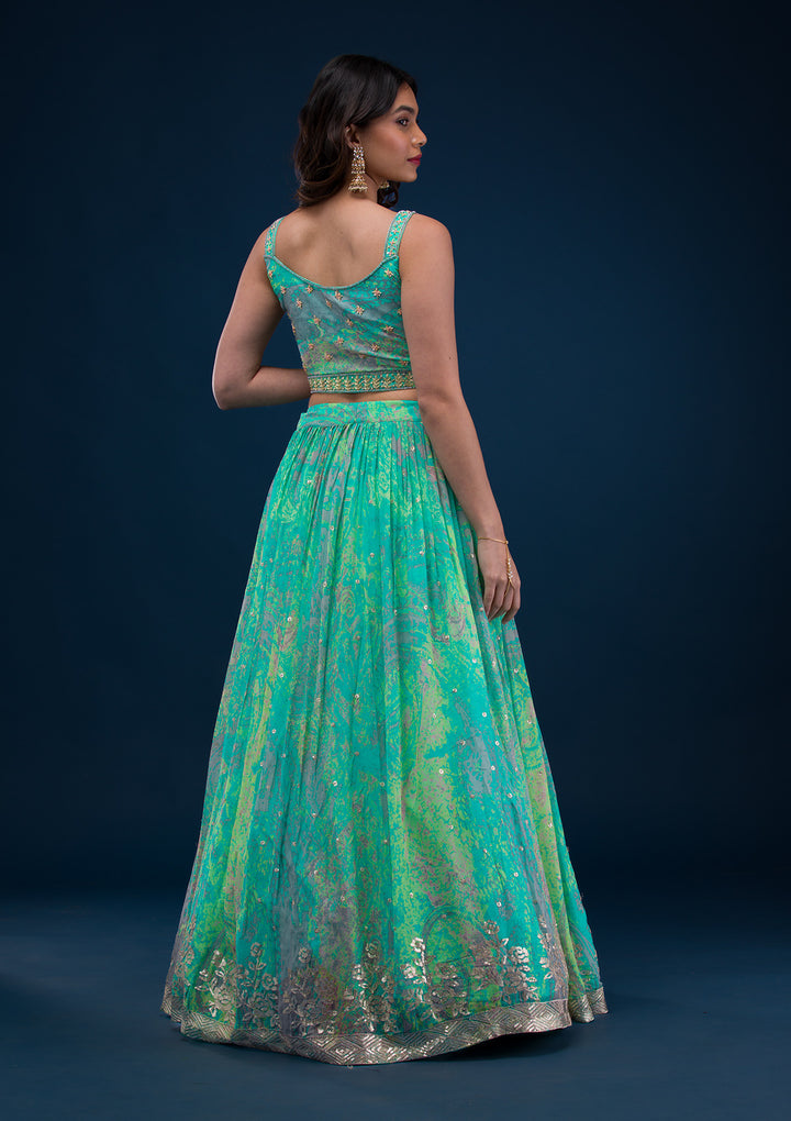 Sea Green Print Georgette Readymade Lehenga
