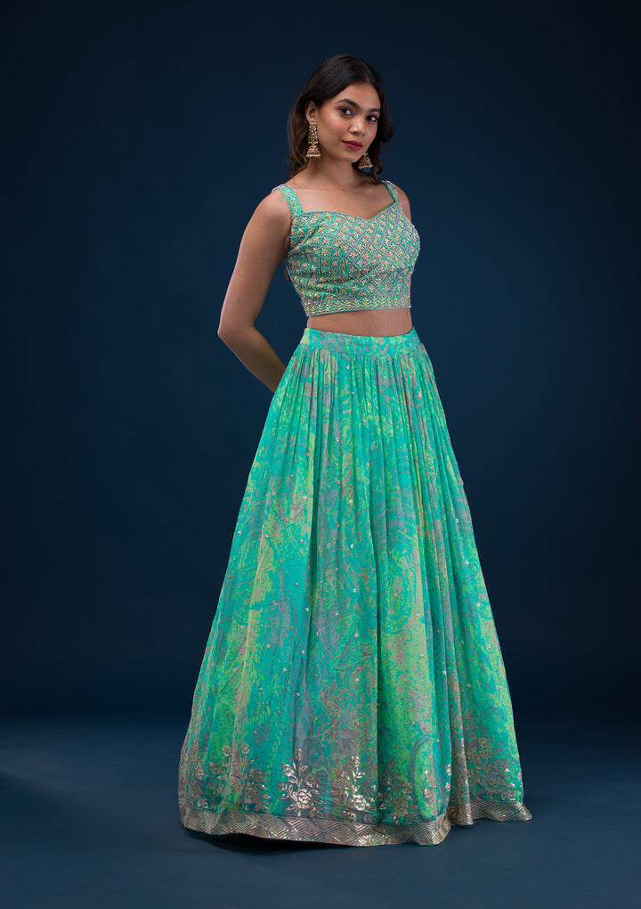Sea Green Print Georgette Readymade Lehenga