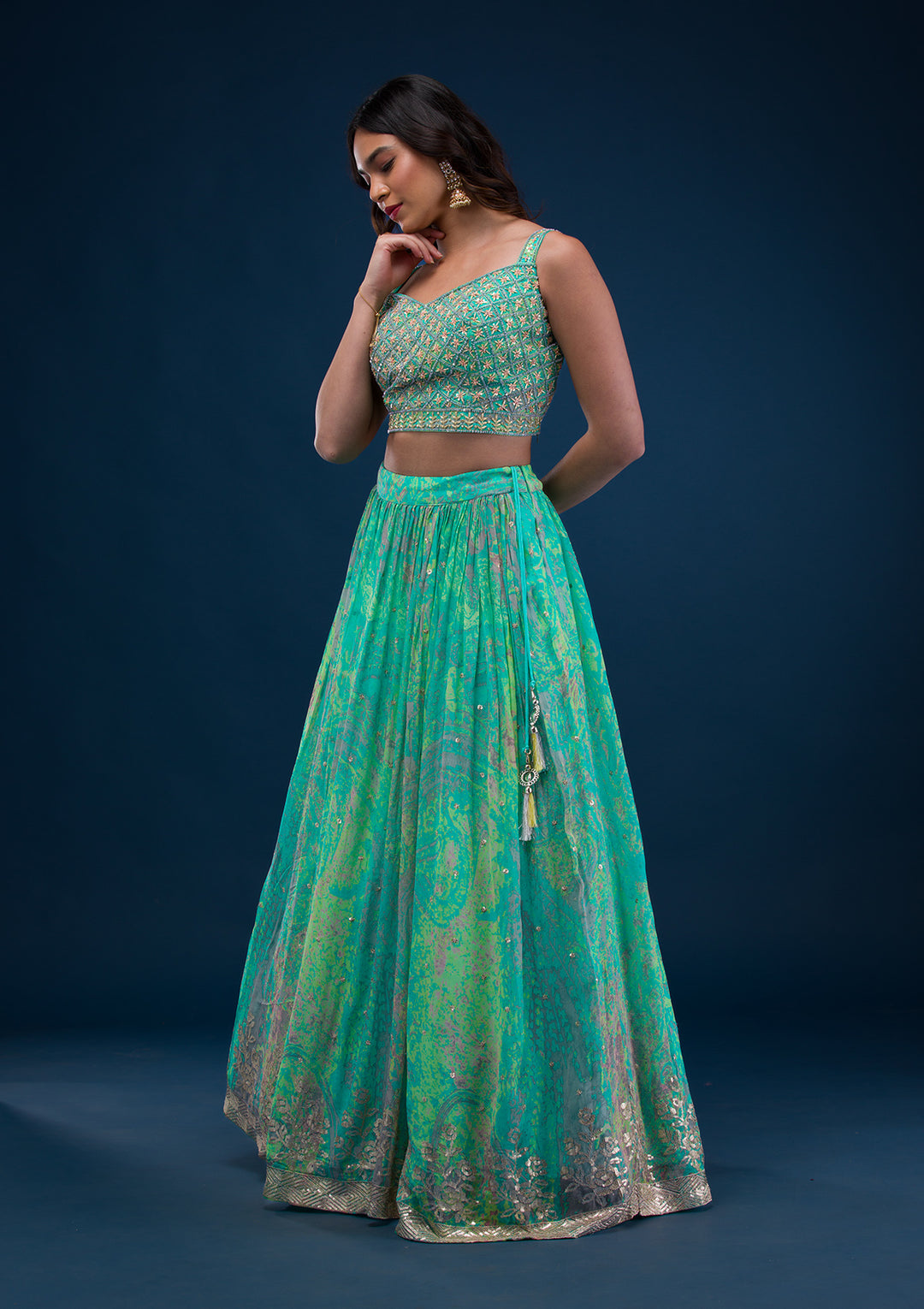 Sea Green Print Georgette Readymade Lehenga
