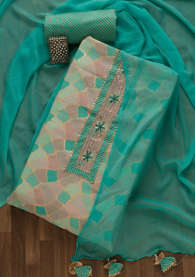 Sea Green Printed Cotton Unstitched Salwar Suit-Koskii