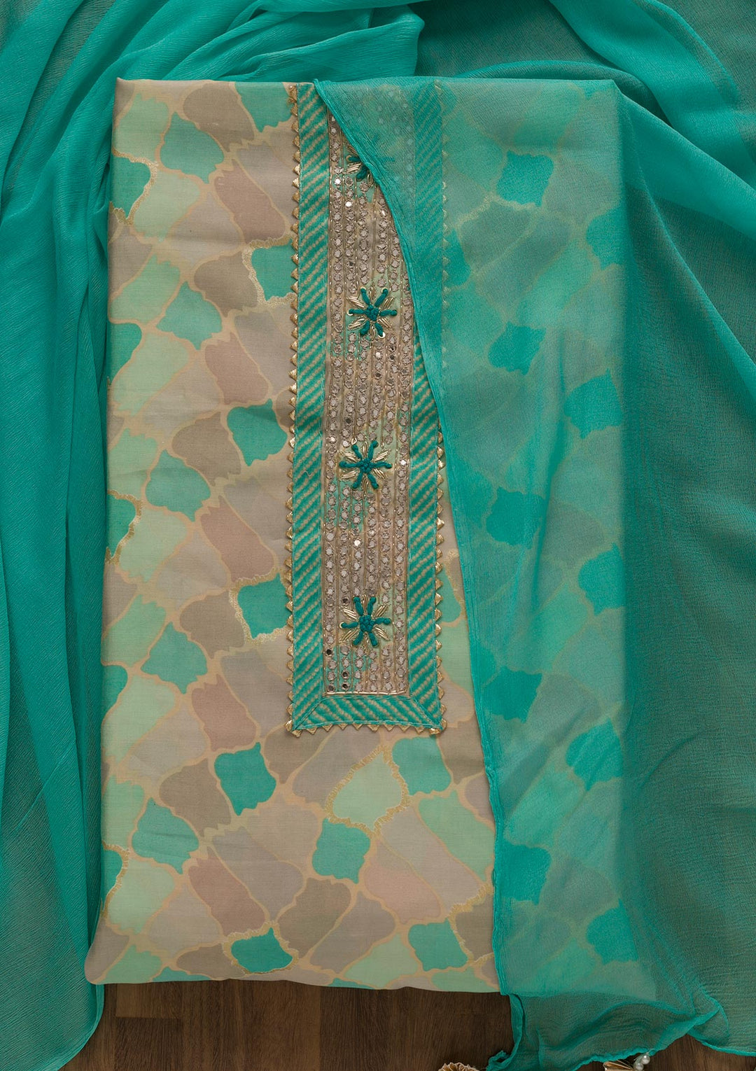 Sea Green Printed Cotton Unstitched Salwar Suit