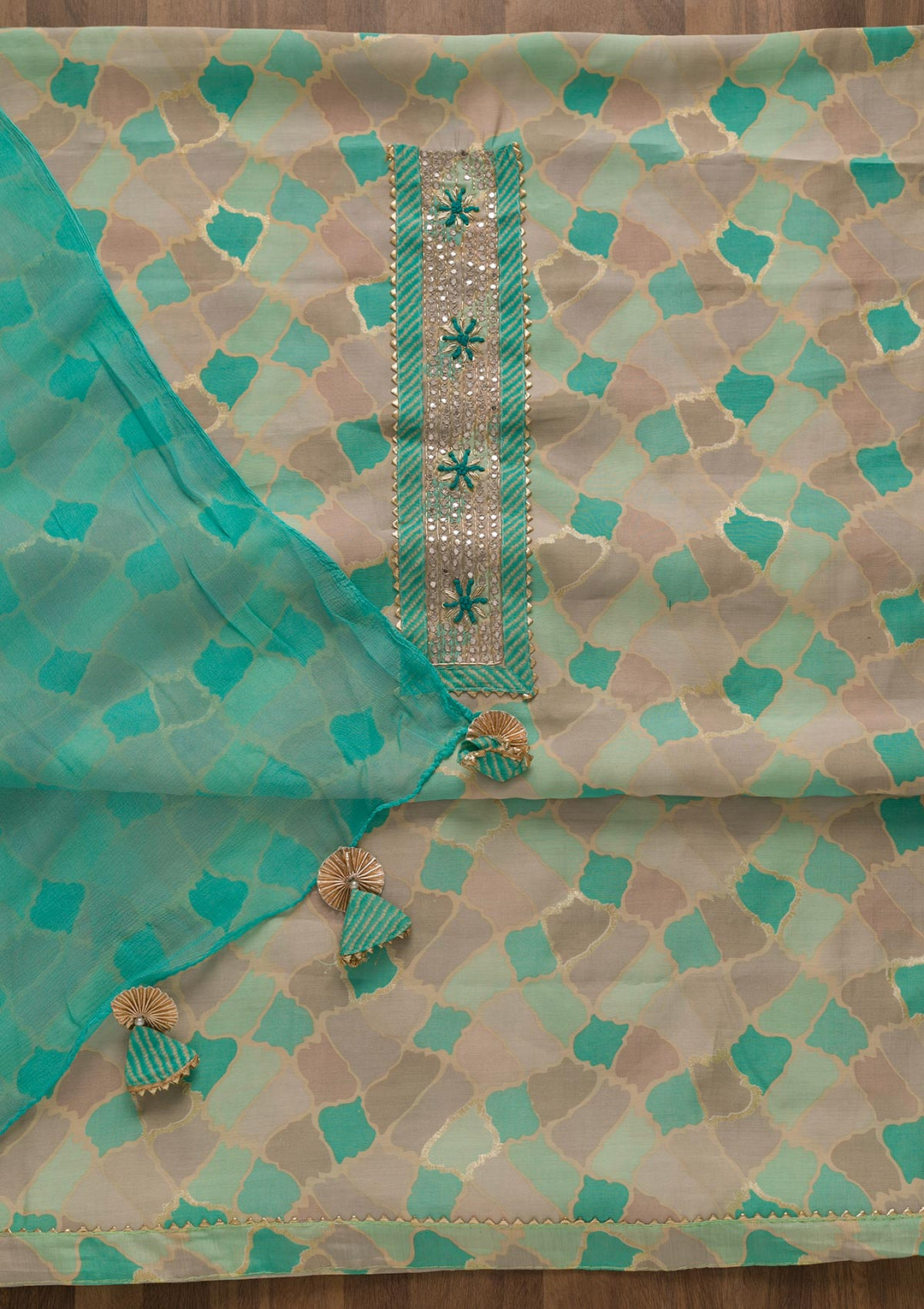 Sea Green Printed Cotton Unstitched Salwar Suit