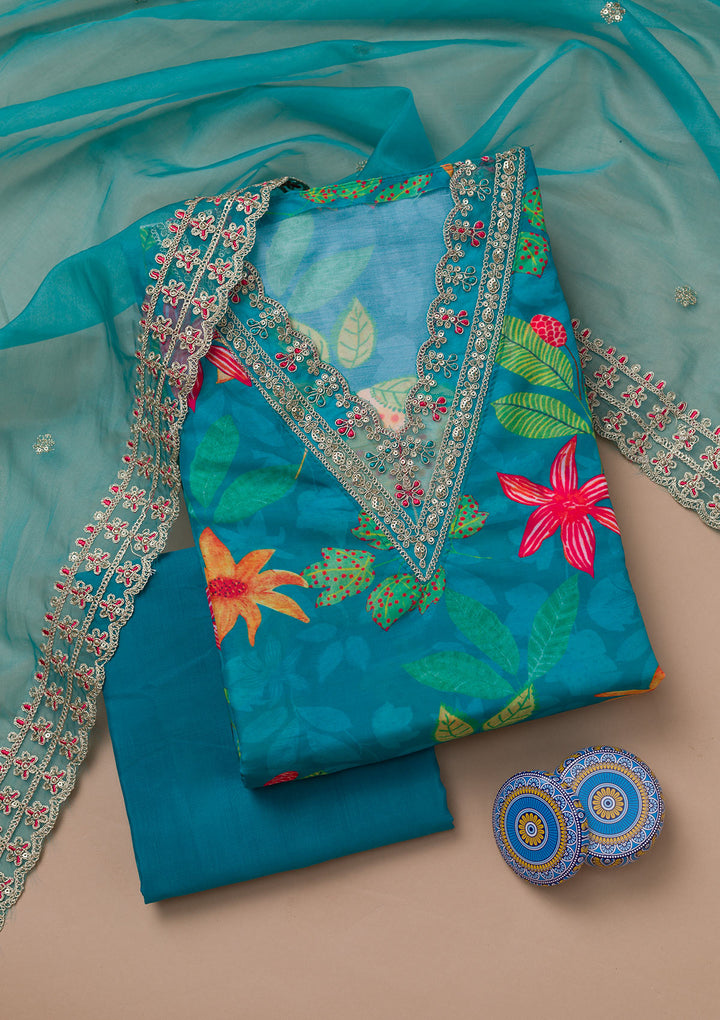 Sea Green Printed Semi Crepe Unstitched Salwar Suit