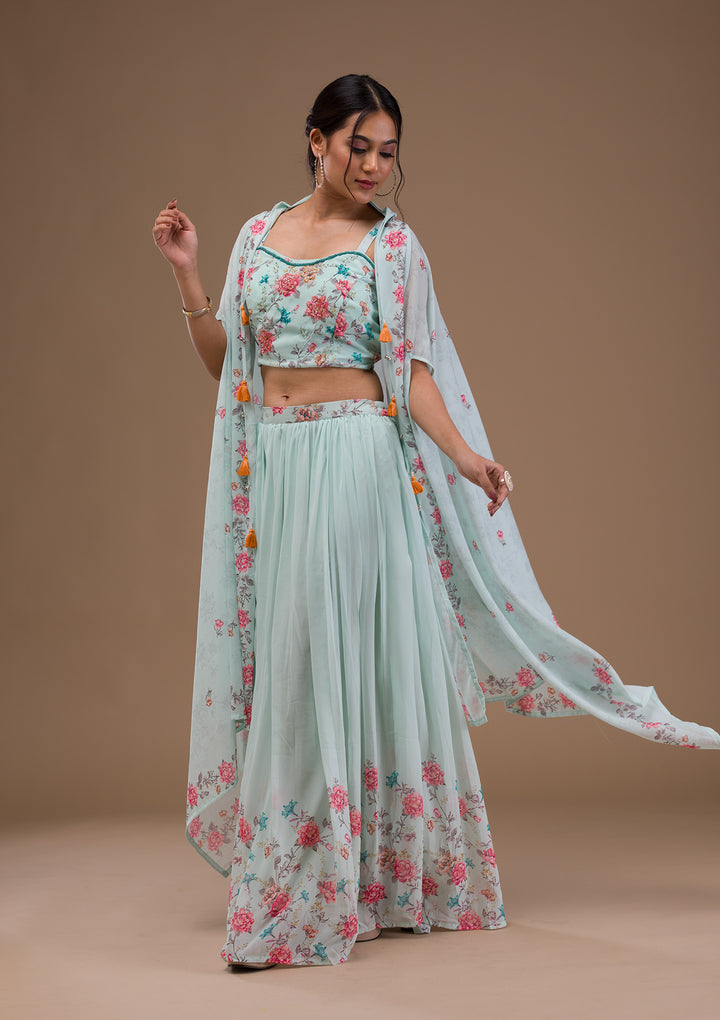 Sea Green Printed Georgette Readymade Lehenga
